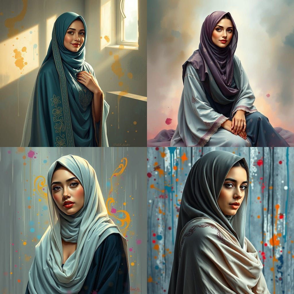 Surreal Portrait of a Hijabi Woman in Rainy Abaya Style