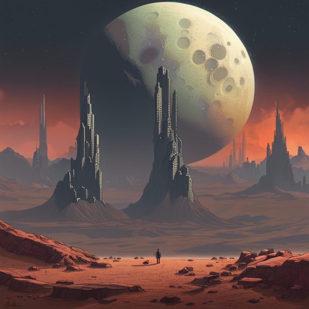 Sinister Extraterrestrial Landscape with Binary Moon