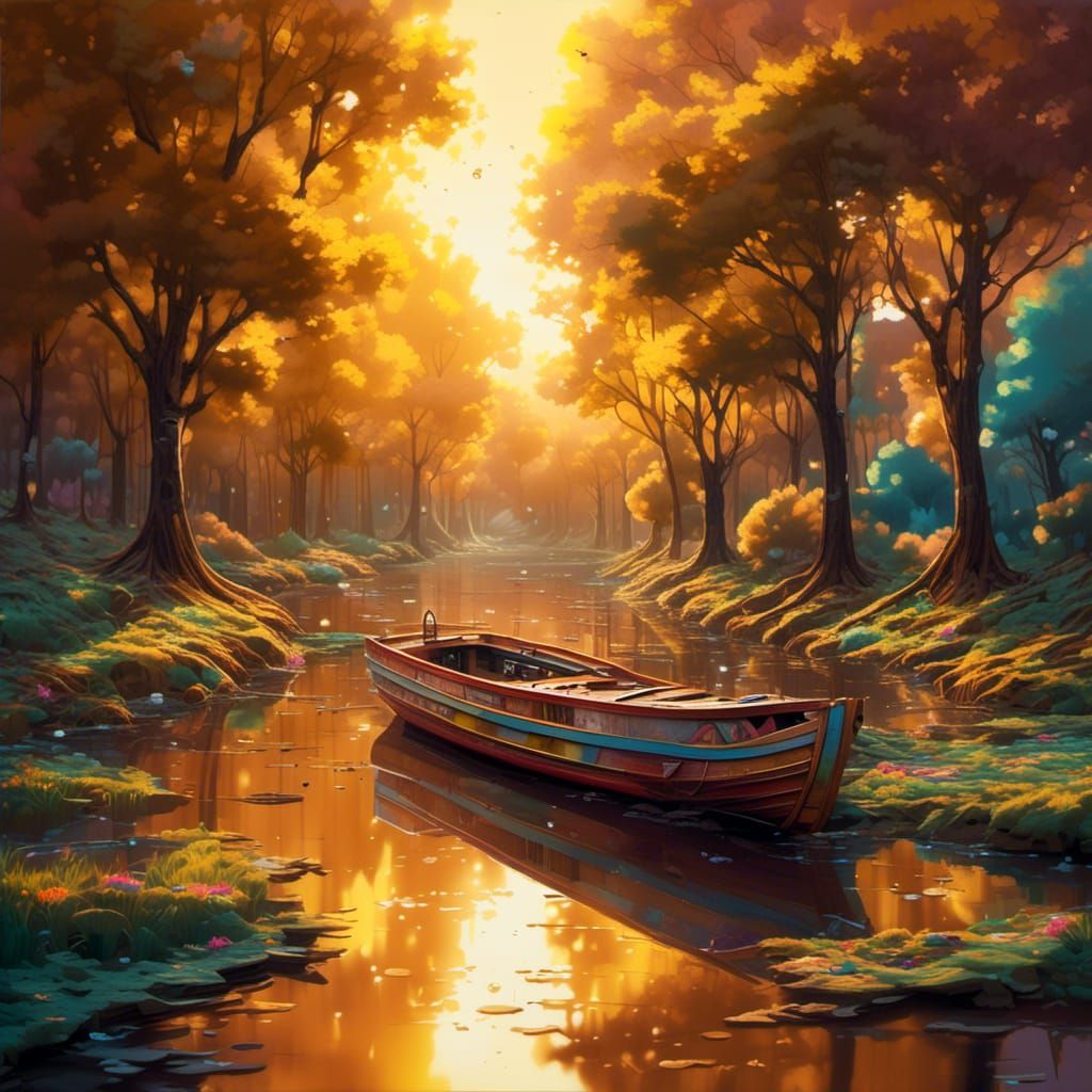 Golden Hour River Scene in Graffiti Art Style