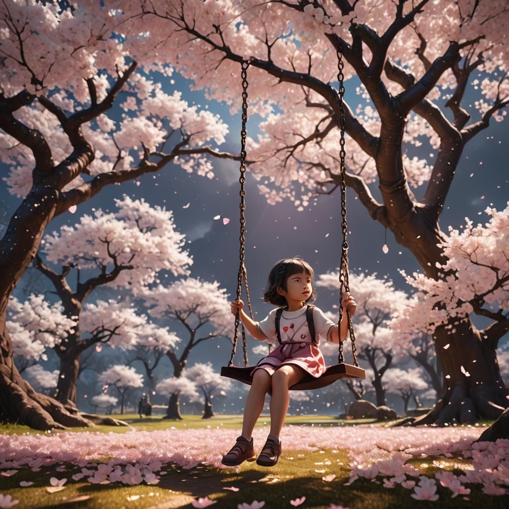 Child on Swing Bathed in Cherry Blossom Light