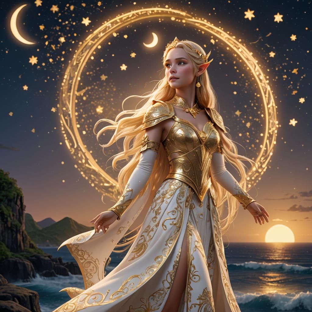 High Elven Princess Gazing at Night Sky: 3D Digital Art