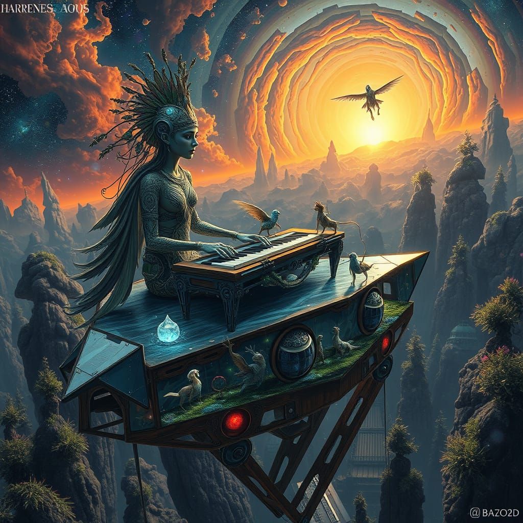 Surreal Ethereal Figures Compose Poems in Sunset Galaxy