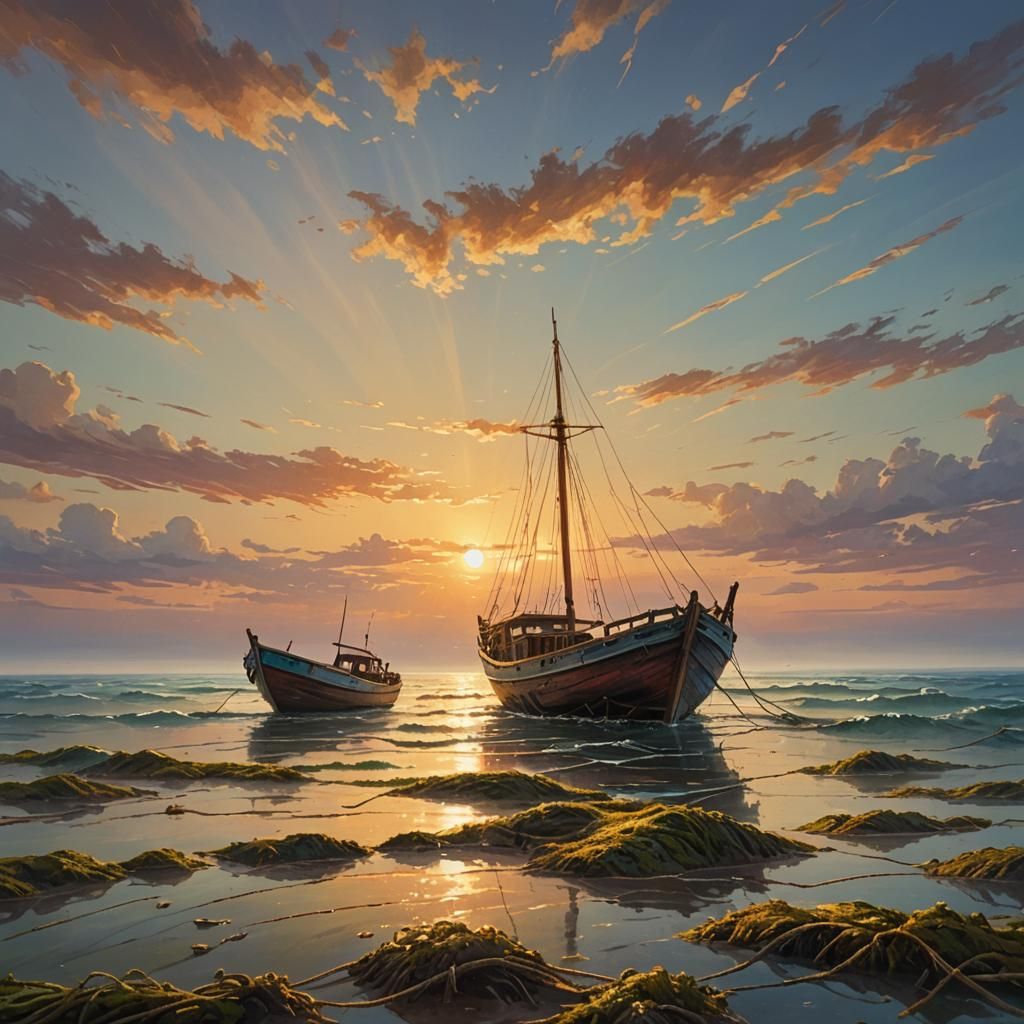 Serene Seascape: Boat Sails on Open Ocean