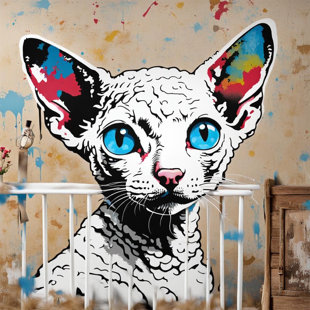 Banksy Graffiti: Blue-Eyed Cornish Rex Cat