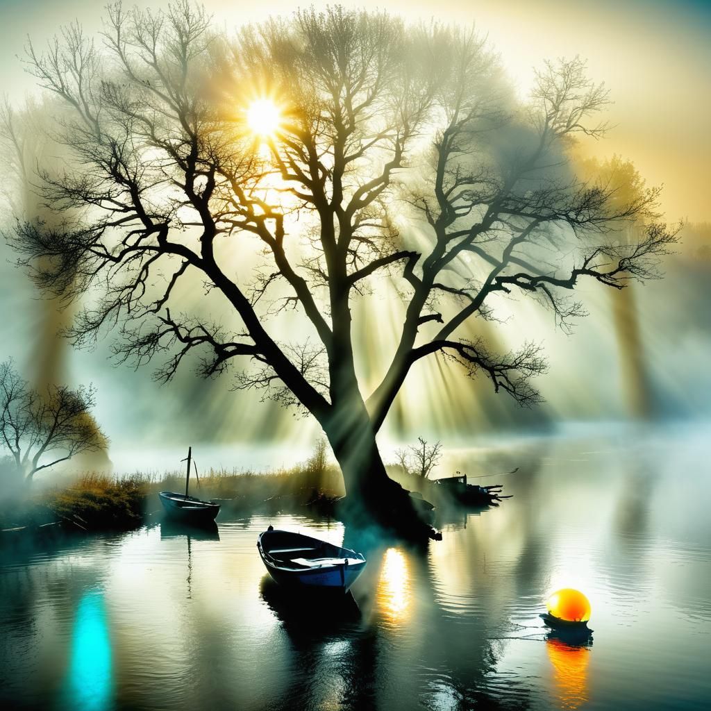 Foggy Sunrise River Scene with Boat