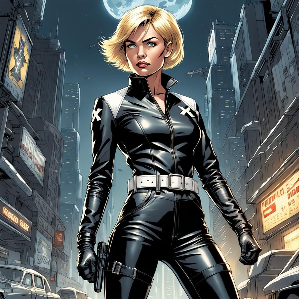 Alluring Woman in Leather Jumpsuit, Comic Book Art