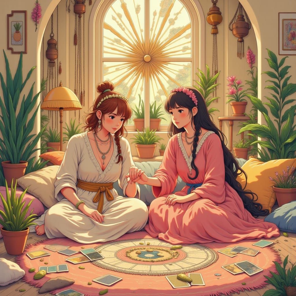 Bohemian Lesbian Couple Tarot Reading in Collage Style