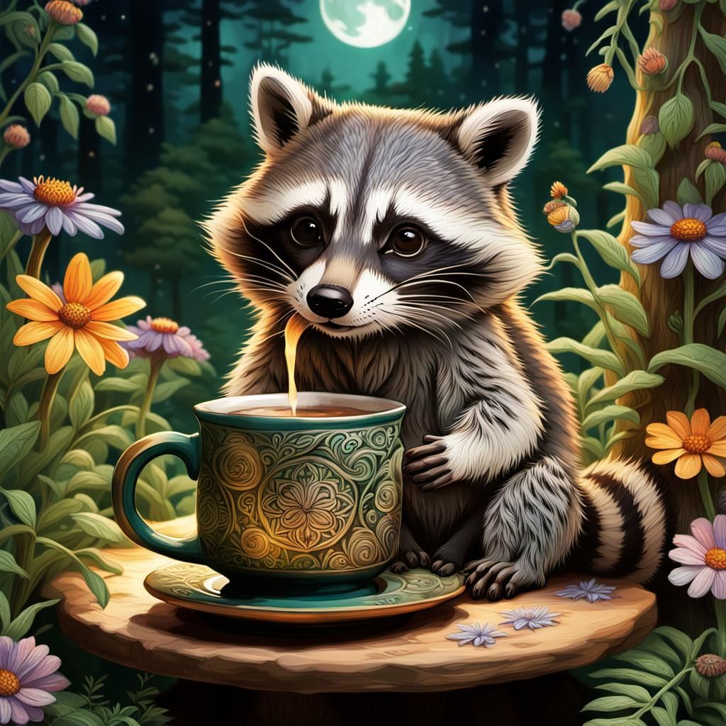 Raccoon Sipping Coffee in Moonlit Forest