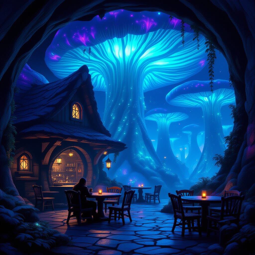 Ancient Tavern in Bioluminescent Mushroom Forest