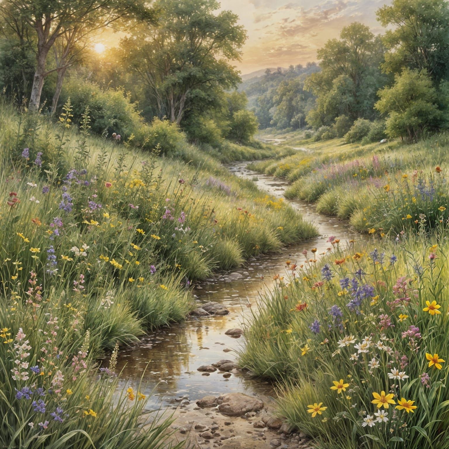 Wildflower Meadow Stream at Sunset: Watercolor Art