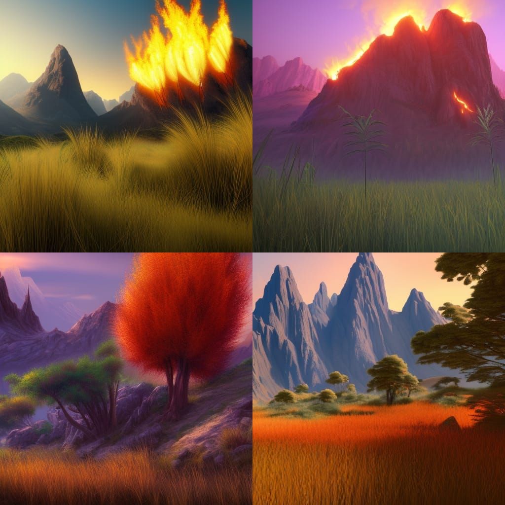 Flaming Bush and Tall Grass Mountain Landscape