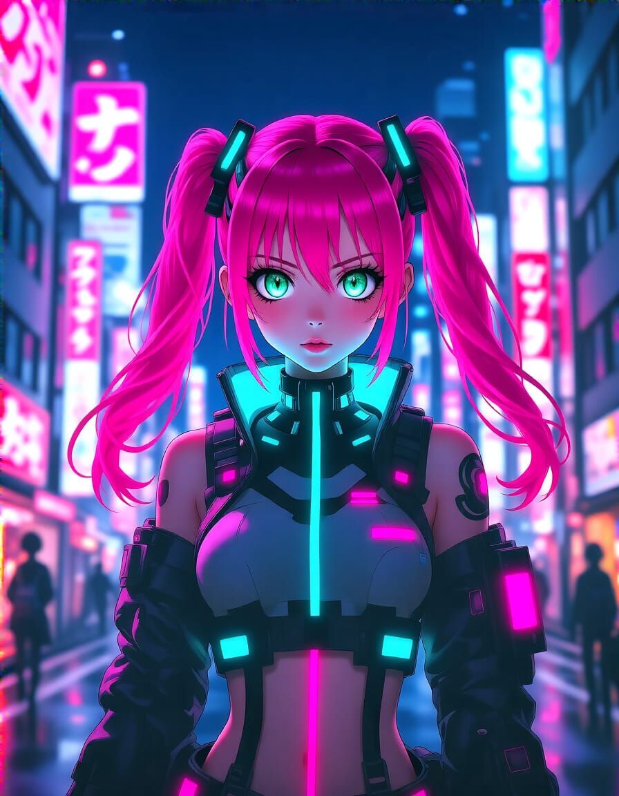 Anime Girl in Tokyo Street at Dusk with Cherry Blossoms