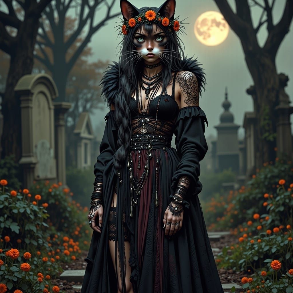 Victorian Cat-Headed Woman in Cemetery
