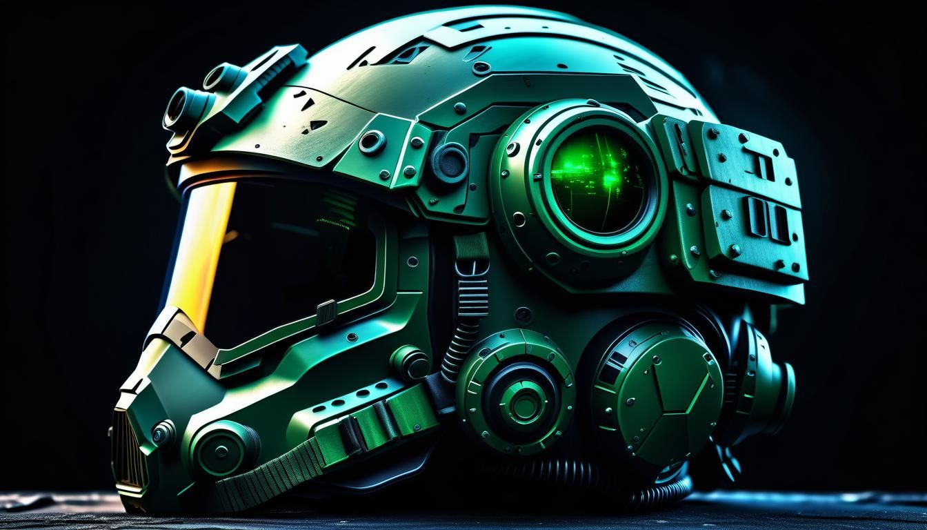 Futuristic Combat Helmet on Battlefield, Hyperrealistic HDR