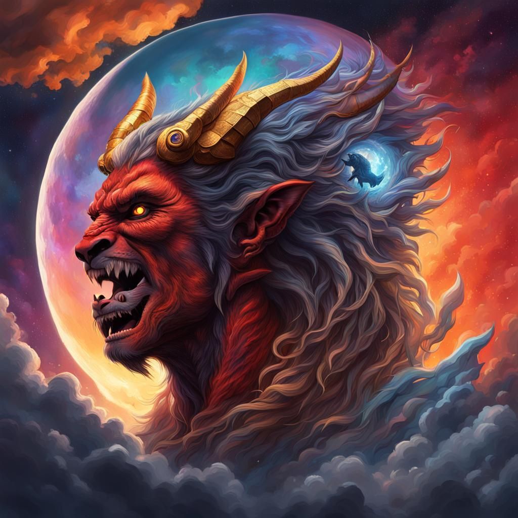 Hyperrealistic Demon in Moonlight: Splash Art Portrait
