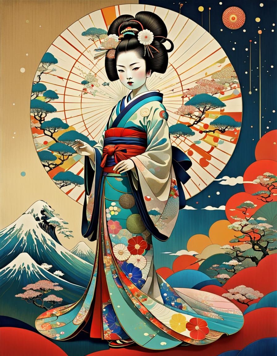 Cosmic Geisha in Vibrant Geometric Style