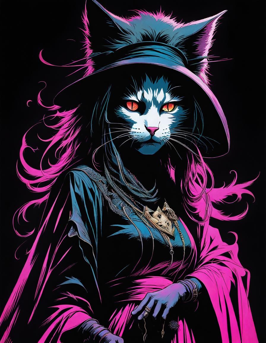 Anthropomorphic Cat Witch in Expressionist Style