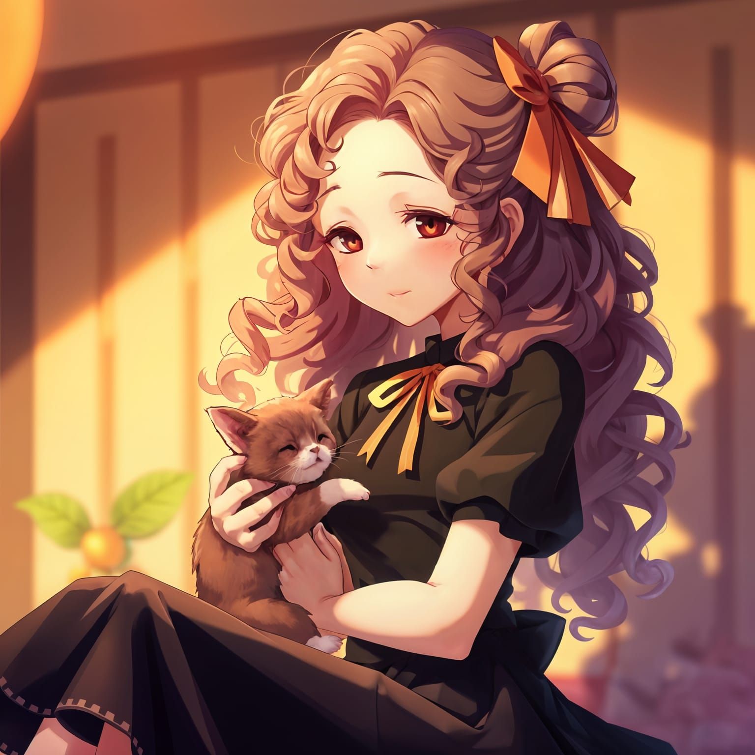 Anime Girl Playing with Cat in 3D Style