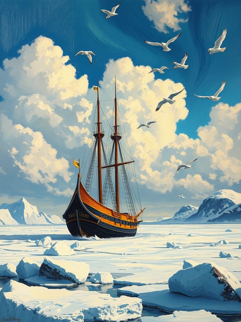 Viking Ship Amidst Frozen Antarctica Landscape in Van Gogh S...