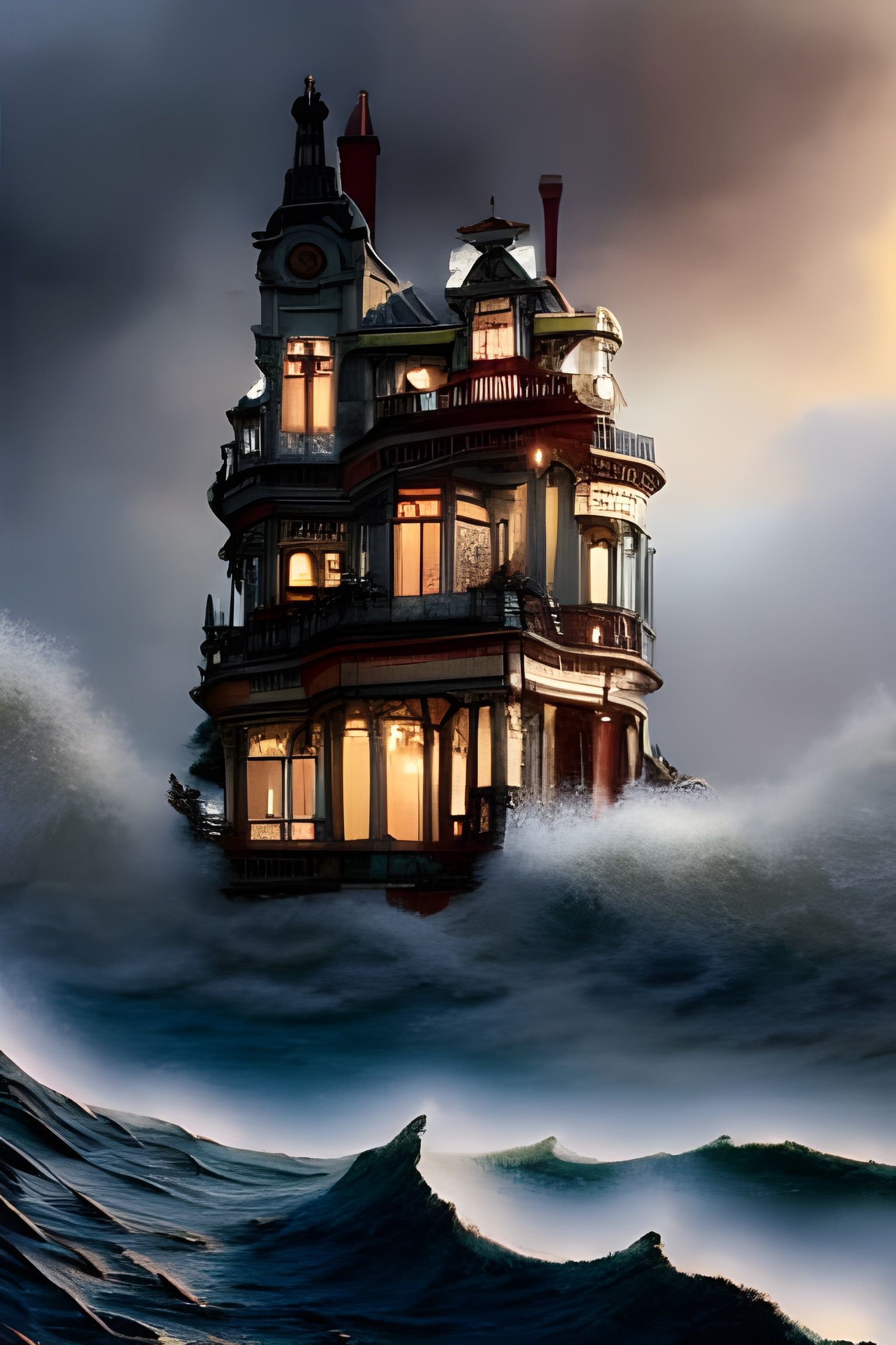 Victorian House Overtaken by Wave: Digital Painting
