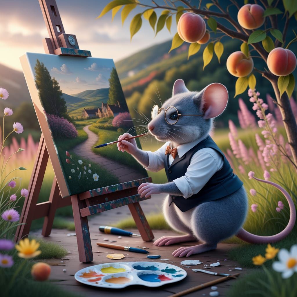Anthropomorphic Mouse Paints Landscape at Sunset