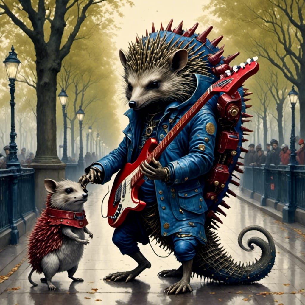 Cyborg Hedgehog Guitarist on Champs-Élysées