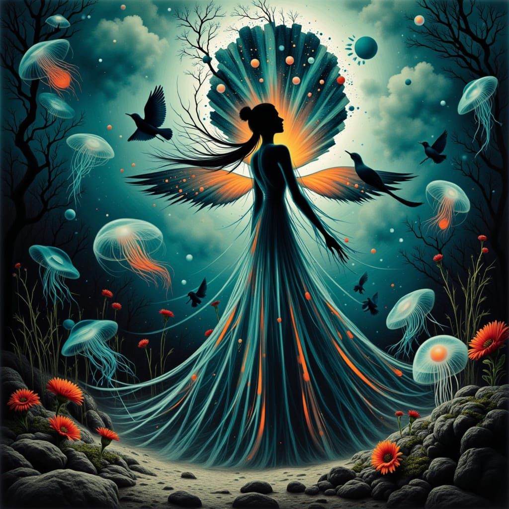 Ethereal Art Deco Woman in Underwater Scene