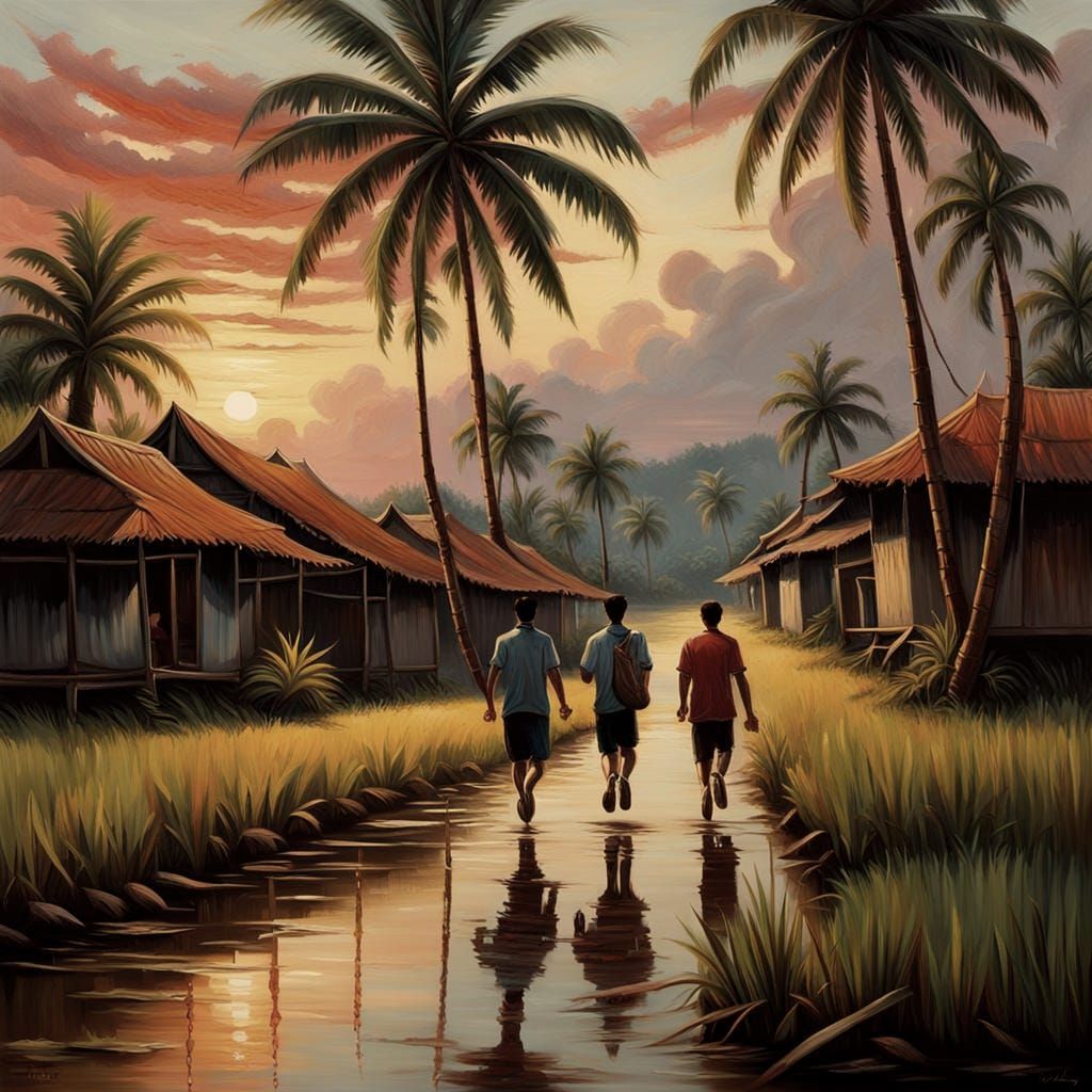 Cambodian Siblings Running at Dusk as Gouache Painting
