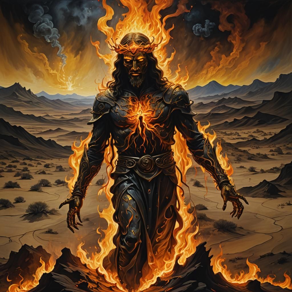 Fiery Djinn Christ: Surreal Fantasy Art in Flame