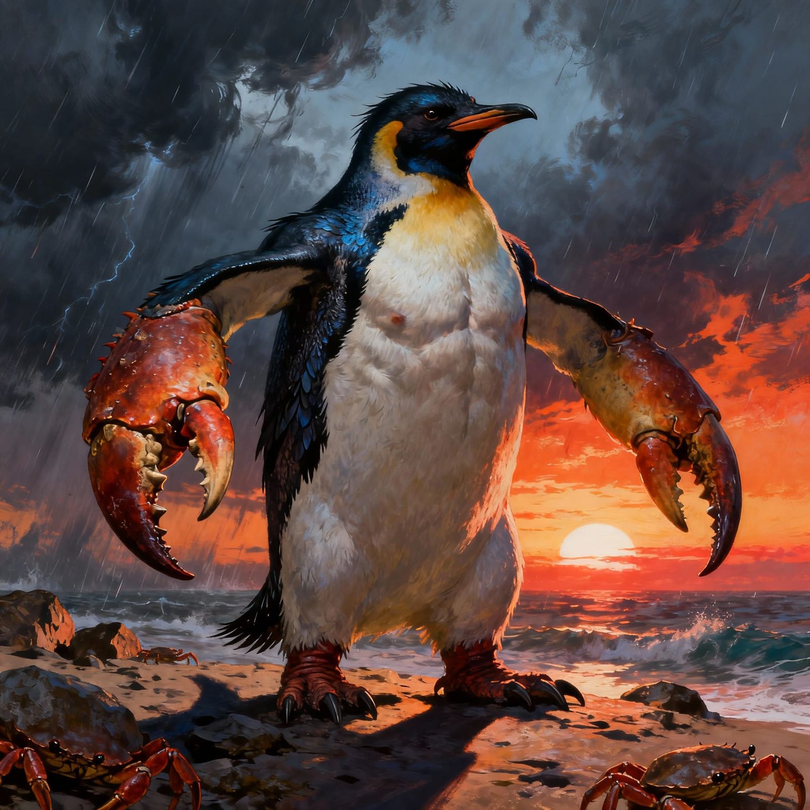 Muscle Penguin with Crab Arms Ready for Battle