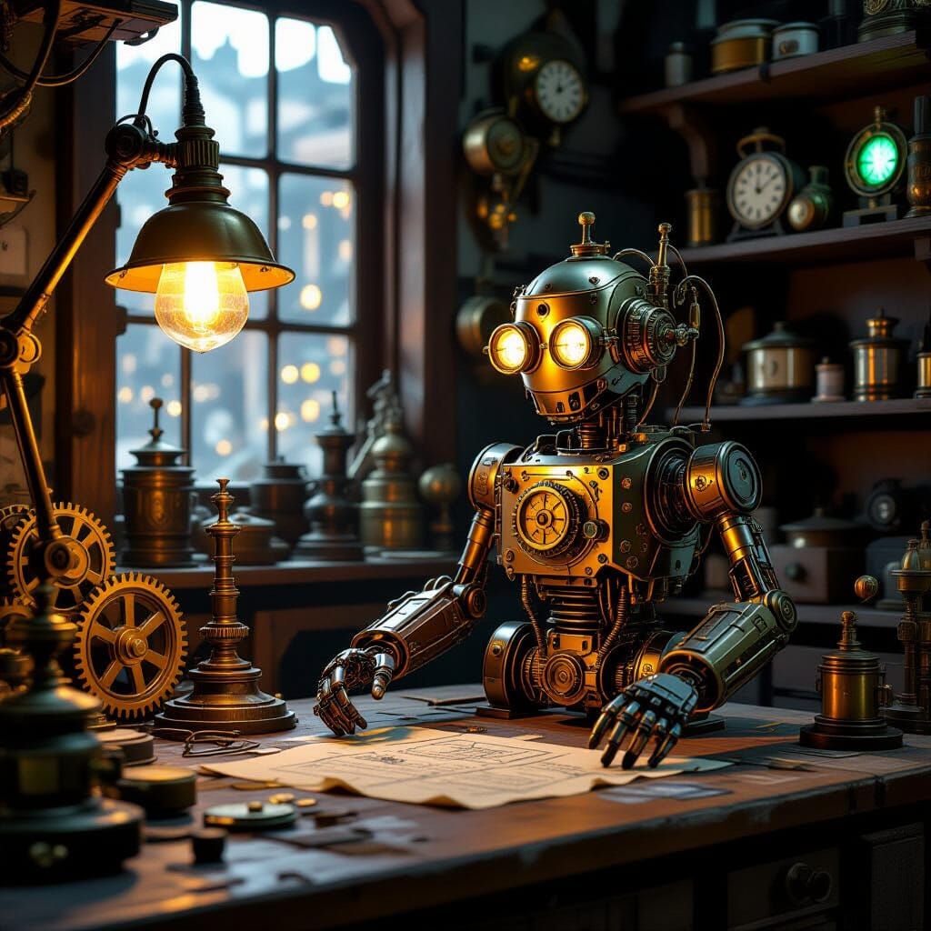Steampunk Inventor's Workshop with Automaton