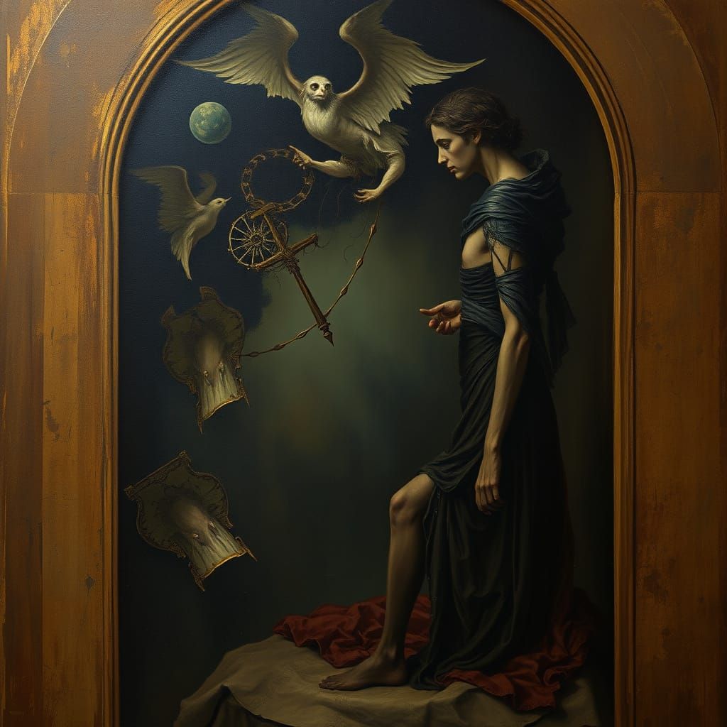 Allegorical Oil Painting: Solitary Figure's Moral Dilemma