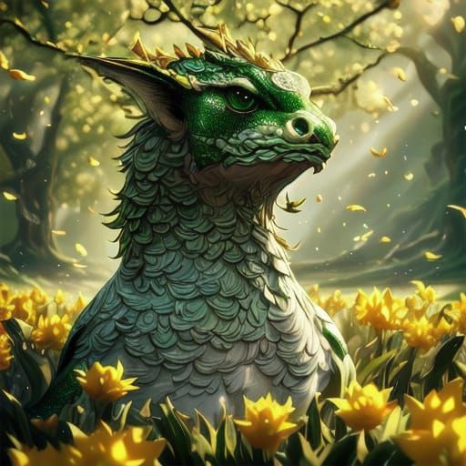 Daffodil Dragon in Sunlight: Whimsical Floral Fantasy Art