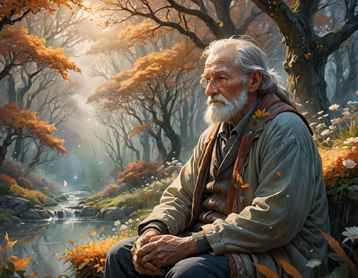 Four Seasons Embrace an Old Man: Digital Art