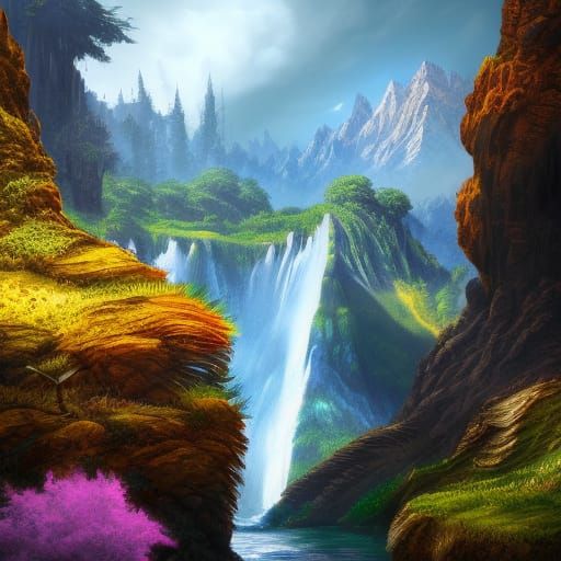 Fantastical Waterfall and Mountains in Detailed Matte Painti...