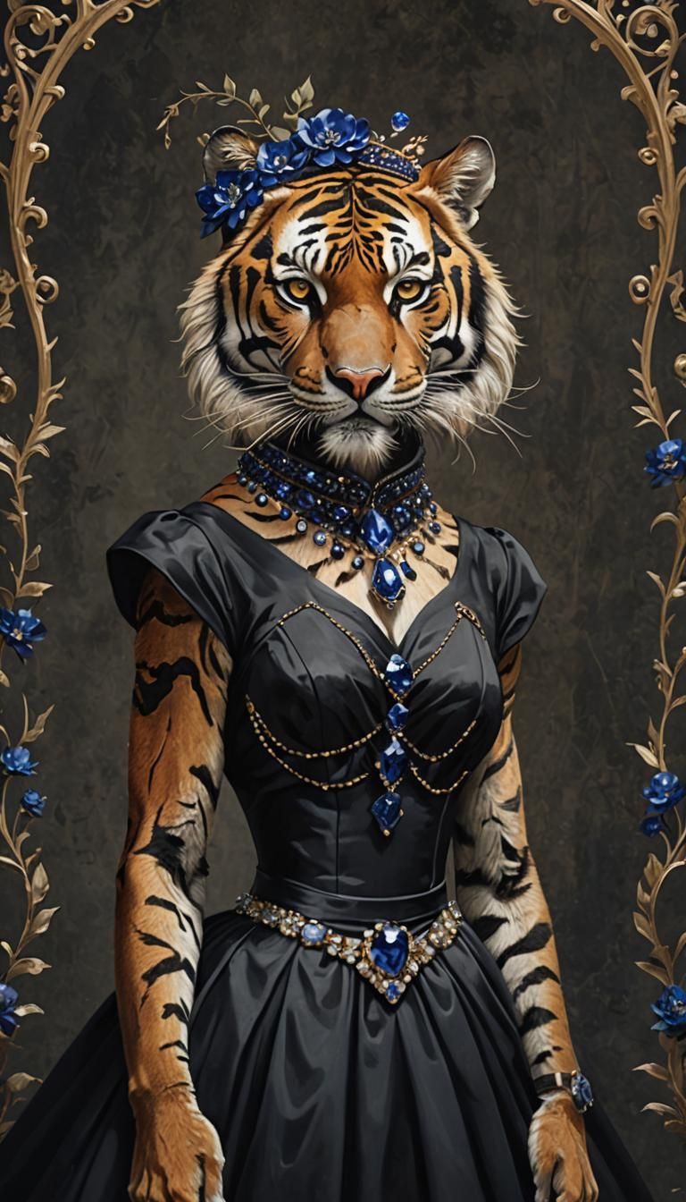 Anthropomorphic Tiger in Sapphire Dress