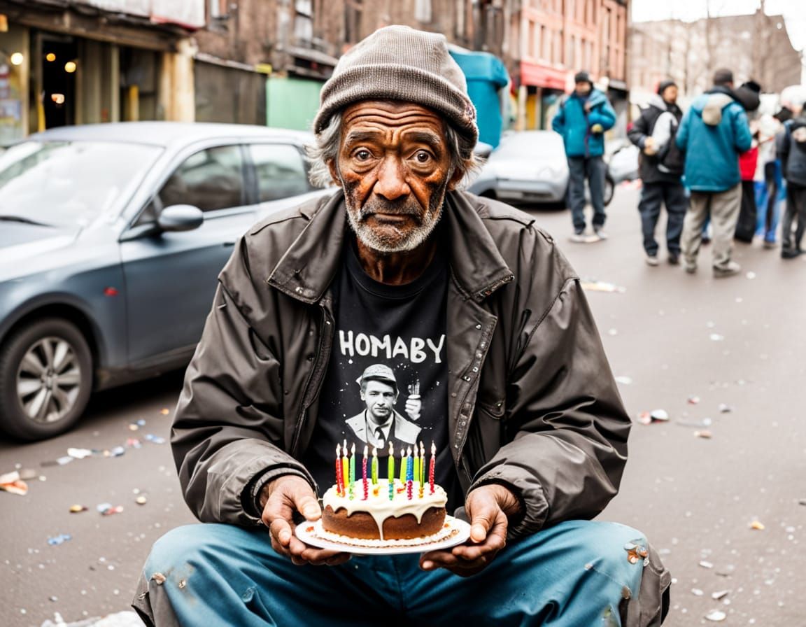 A Homeless Man Holds a Faded Birthday Cake