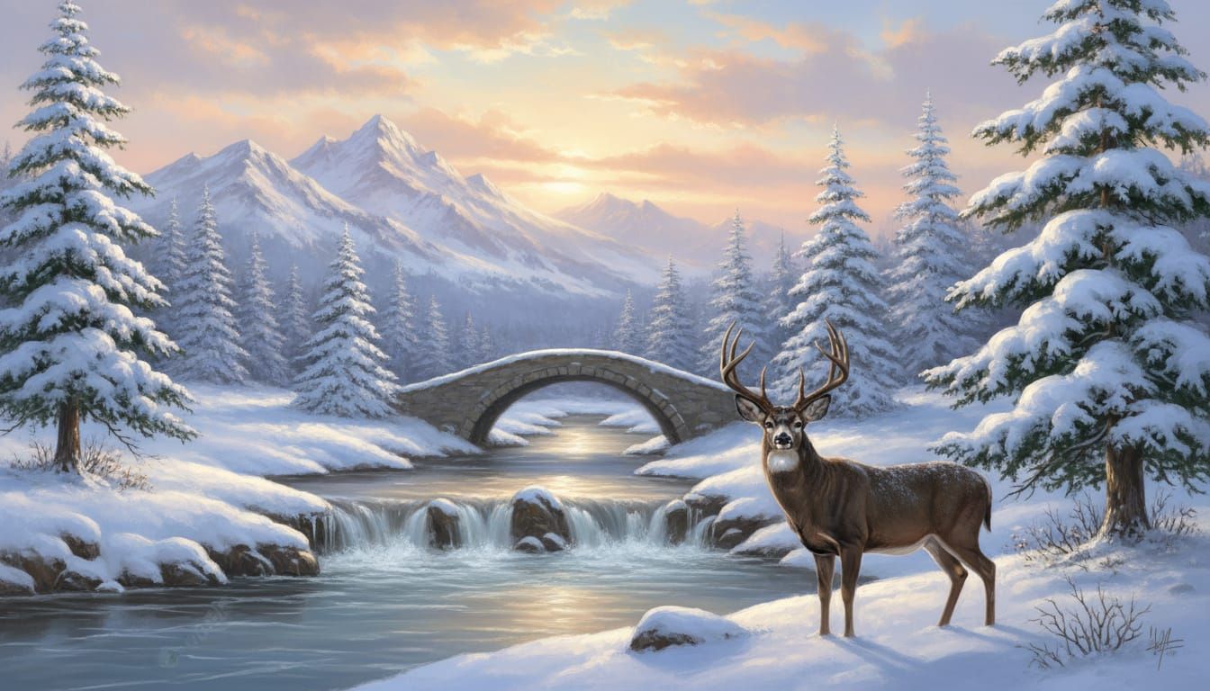 Winter Mountain Sunrise with River and Deer