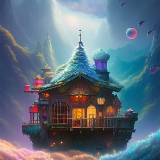 Dreamy Island Town with Sleeping Cat in Watercolor Style