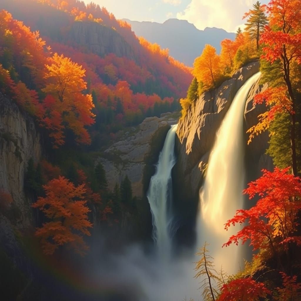 Majestic Amber Waterfall in Autumn Forest