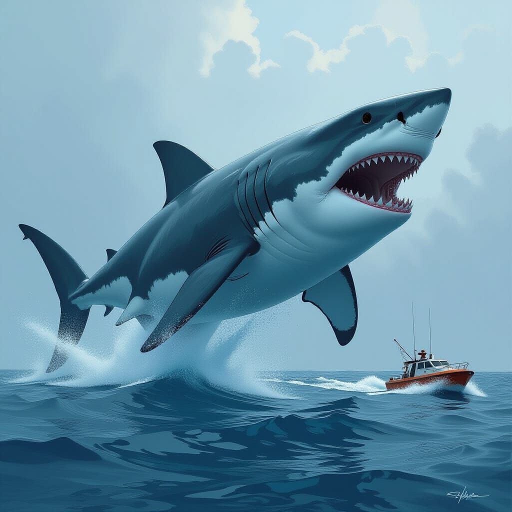 Megalodon Shark Breaching: Dystopian Bio-Mechanical Realism