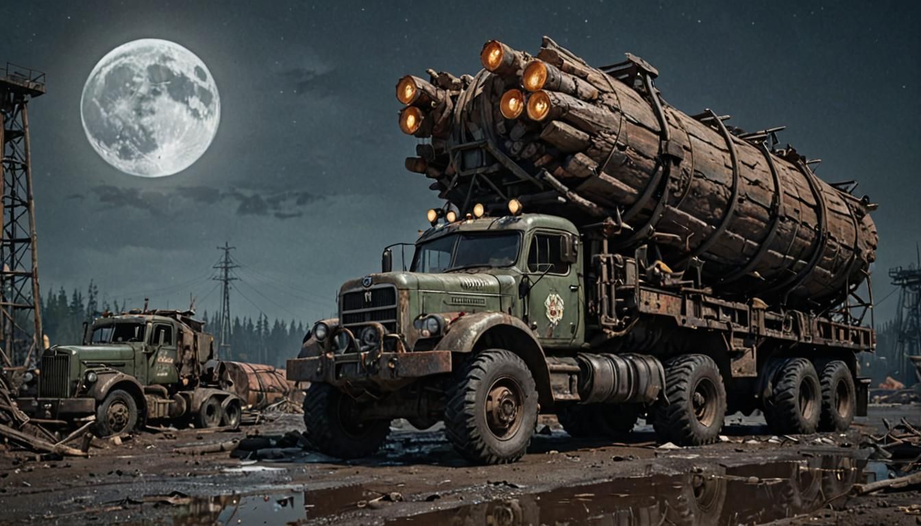 Dieselpunk Log Carrier Truck in Ruined Wasteland