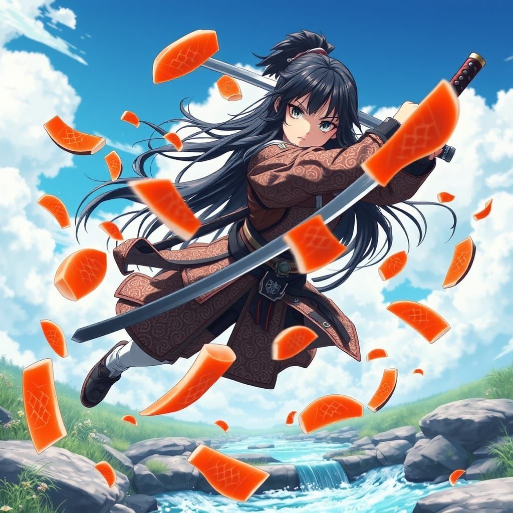 Samurai Girl Slices Salmon: Vibrant 3D Anime Art