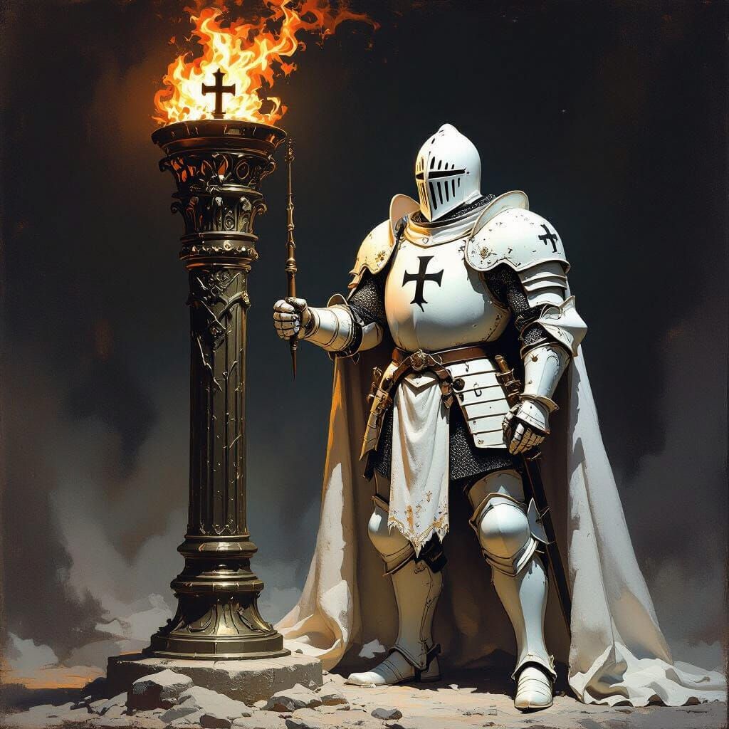 Knight Beside Cross Torch in Dramatic Chiaroscuro