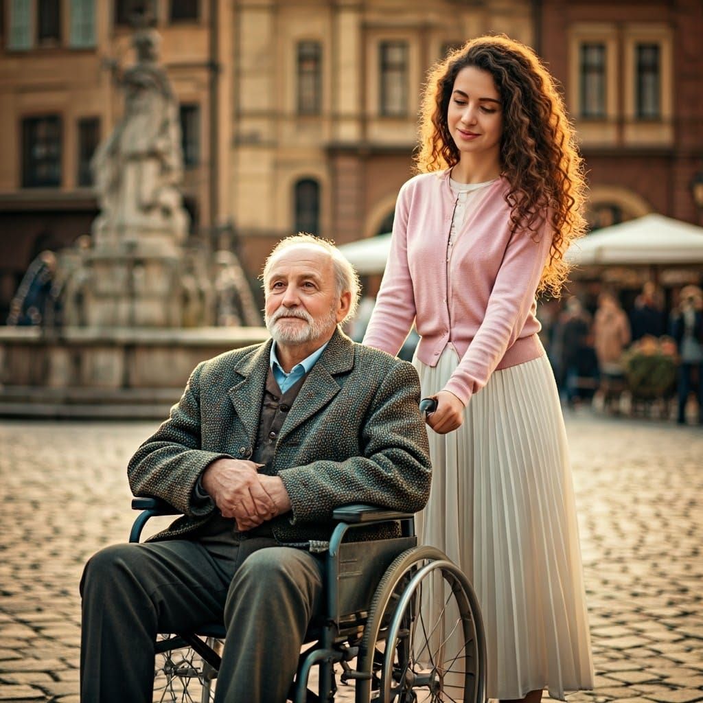 Old.man in wheelchair guided by young, pretty woman through ...