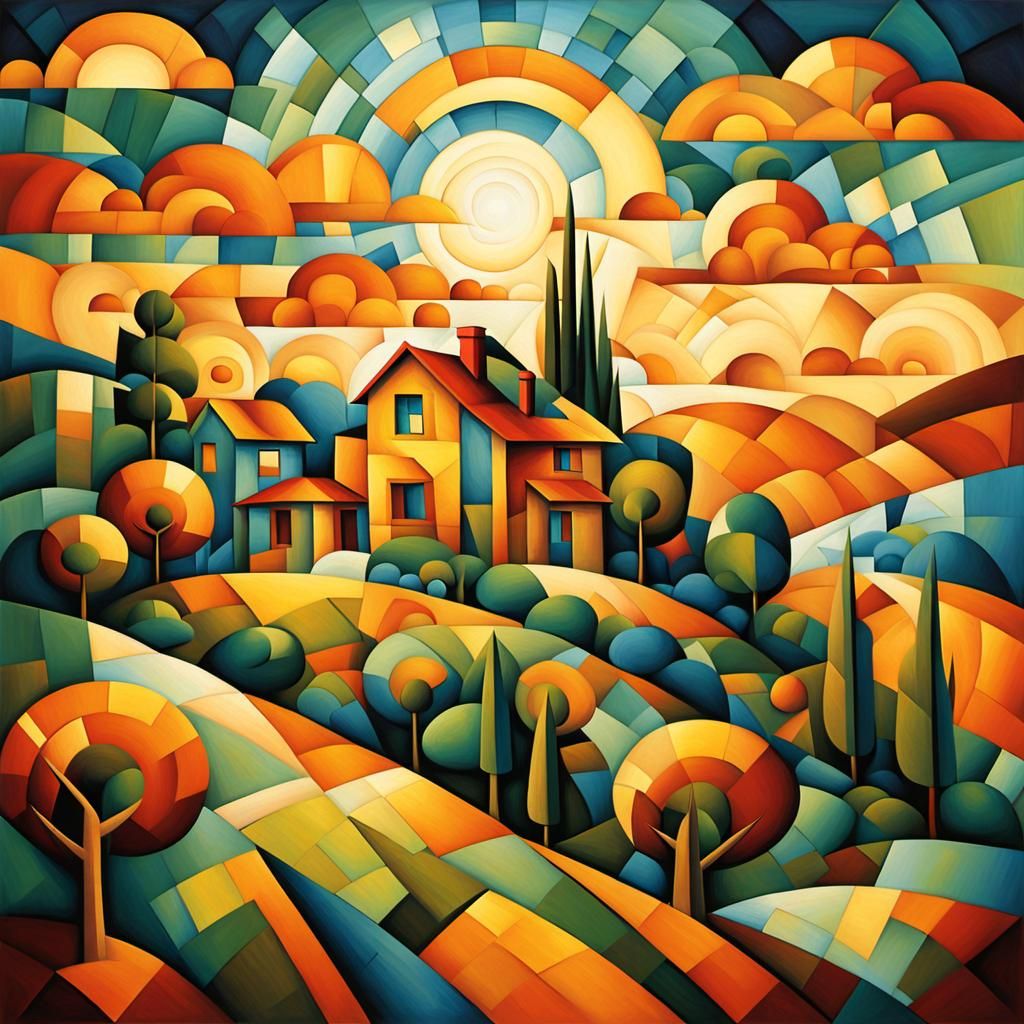 House on the hill:: golden hour background:: cubism, abstrac...