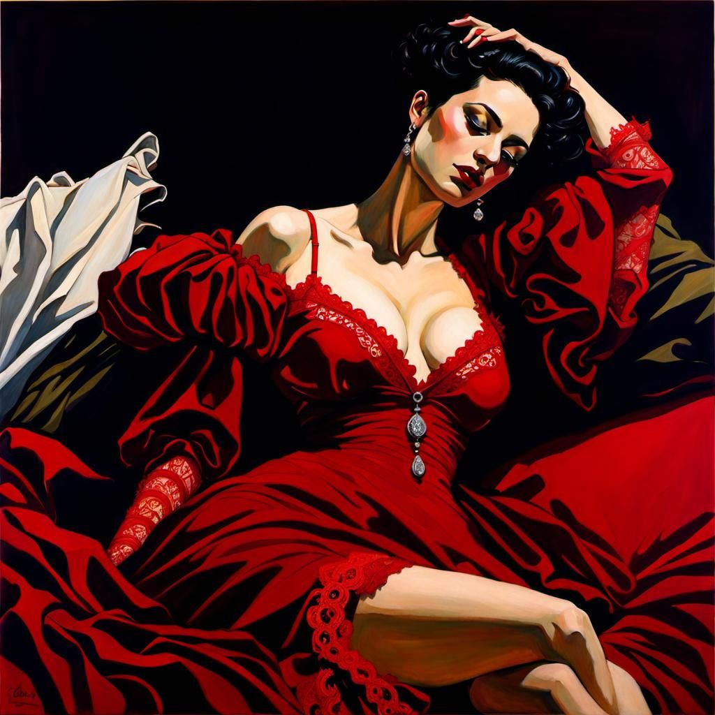 Lady in Red Lace: Sensual Gouache Painting