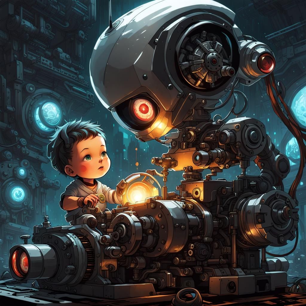 Chibi Robot Engineer Disassembling Engine in Sci-Fi Style