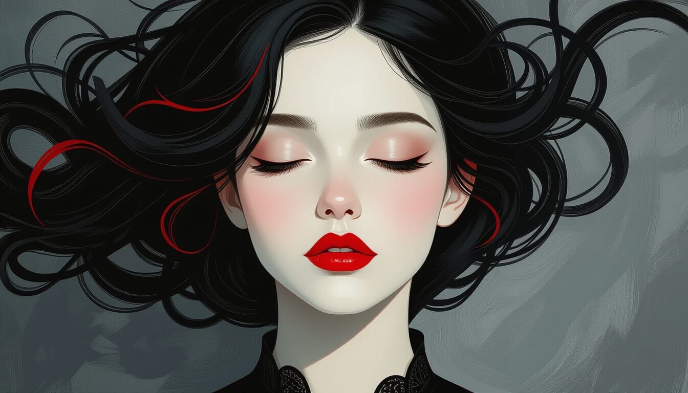 Ethereal Woman with Crimson Lips in Grayscale