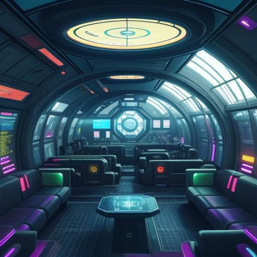 Cyberpunk City Station in Space with Holographic HUD